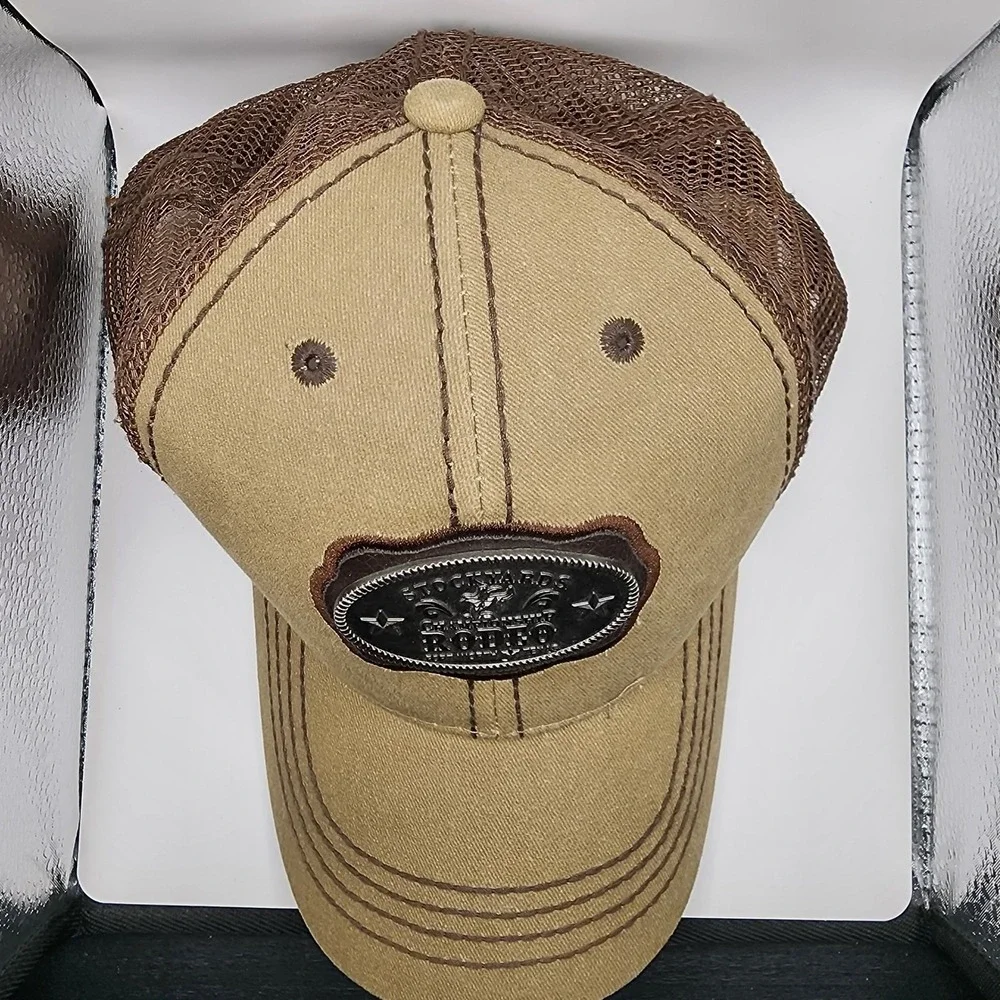 Stockyards Championship Rodeo‎ Trucker Hat Tan Brown Mesh Snapback Western Cap